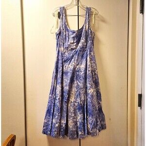 Talbots Women’s 16 Midi A-Line Dress Blue Scoop Neck Corset Swing Abstract XL